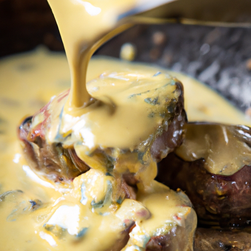 Close-up of garlic butter sauce melting over sizzling steak bites