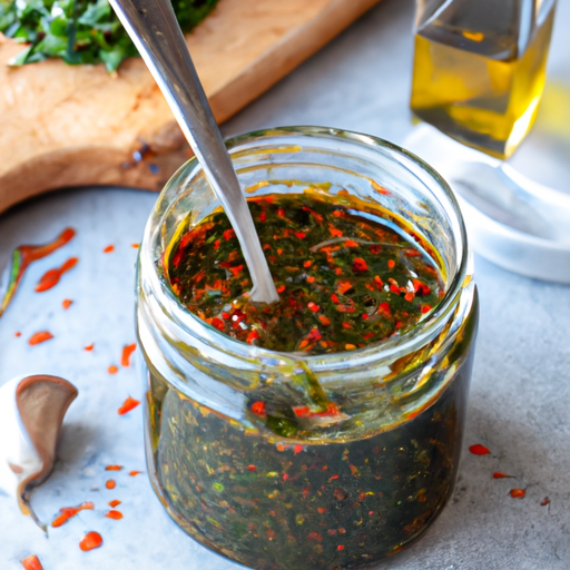 Homemade Chimichurri Sauce in a glass jar, ready to be used for marinating the flank steak